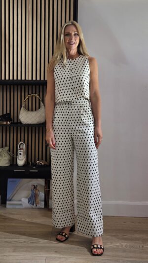 Vanilla White High-Waisted Trousers with Black Geometric Print