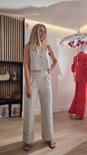 Vanilla White Cropped Gilet with Black Geometric Print and Decorative Buttons