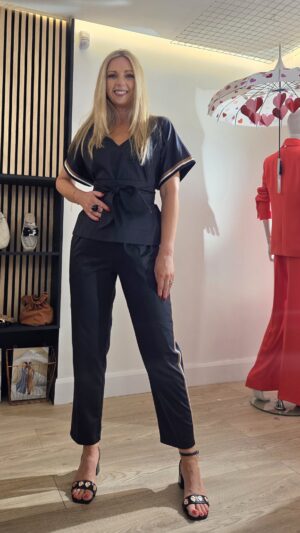 Black Cotton Top with Side Stripe & Fabric Belt