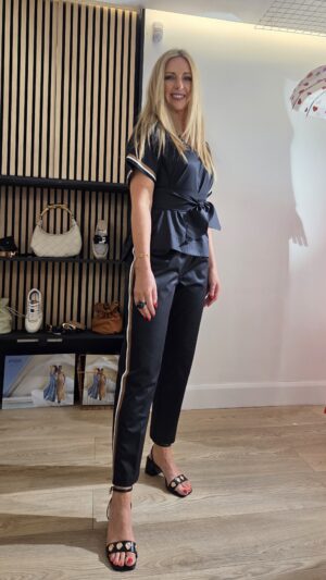 Black Cotton Ankle-Grazer Trousers with Side Stripe