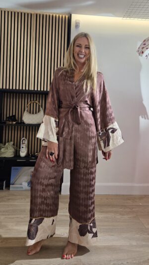 Aubergine Self-Print Trousers with Contrasting Cream Floral Hem