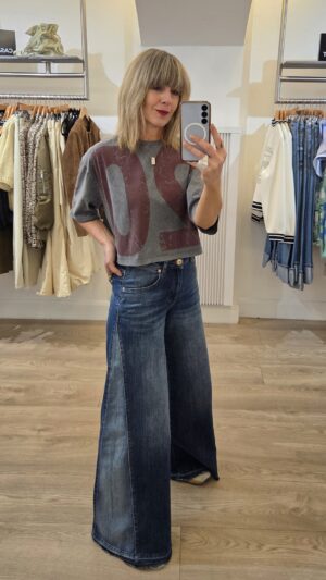 Denim Mid Wash High-Waisted Wide-Leg Jeans with Lighter Wash Insert