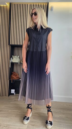 Black Sleeveless Shirt Dress with Nude Pleated Tulle Skirt