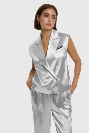 Silver Metallic Double-Breasted Boxy Gilet