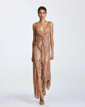 Orange, Beige & Brown Aztec Print Maxidress with Sequin Embellishment