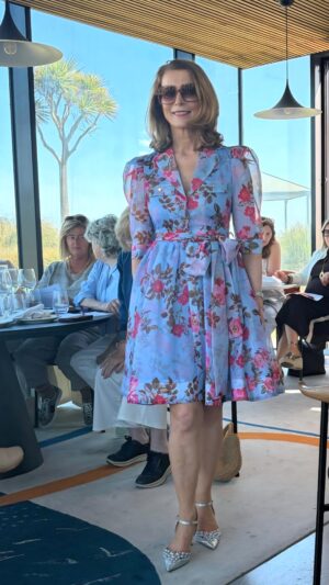 Blue Sheer Organza Shirt Dress with Cherry Floral Print and Fabric Belt