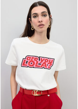 White Cotton T-Shirt with Embellished Slogan 'Are you Lola'