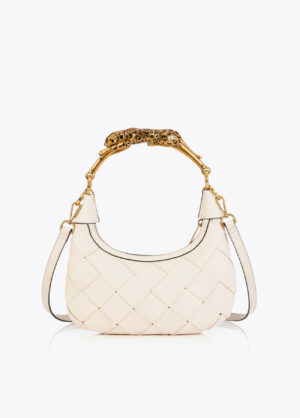 Vanilla Faux Leather Braided Crescent Bag with Leopard Metal Handle