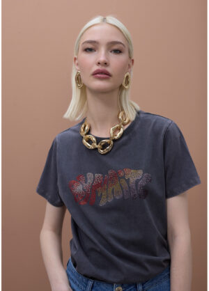 Faded Black Slogan T-Shirt with Micro Embellishment 'By Maite'