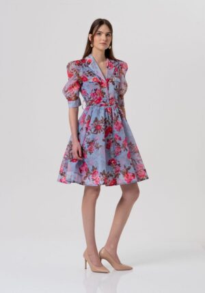 Blue Sheer Organza Shirt Dress with Cherry Floral Print and Fabric Belt