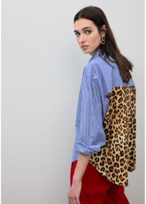 Blue & White Striped Shirt with Leopard Print Back