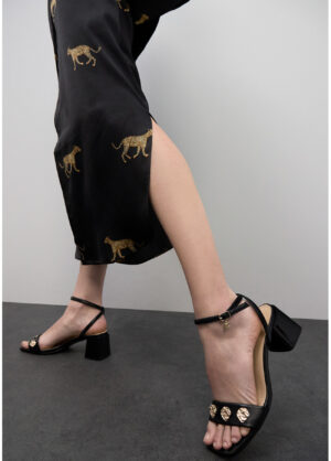 Black Block-Heeled Sandal with Gold Metal Embellishment