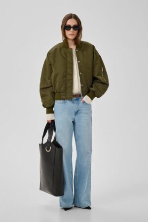 Caper Green Cropped Bomber Jacket with Back & Sleeve Ruching