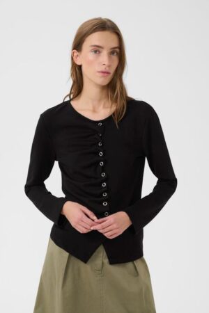 Black Long-Sleeved Top with Front Gathers & Eyelets