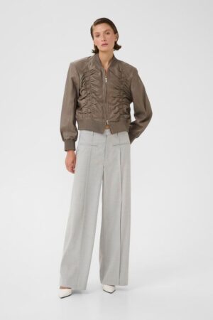 Mink Grey Leather Bomber Jacket with Front & Back Ruching