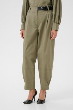 Sage Green Cargo Trousers with Black Leather Belt Detail