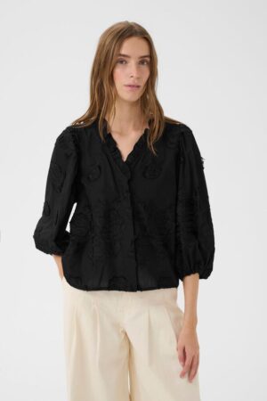 Black Textured Top with V-Neck