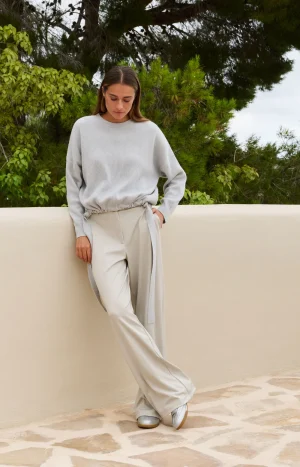 Grey Blue Ribbed Wool Knit with Side Tie Detail