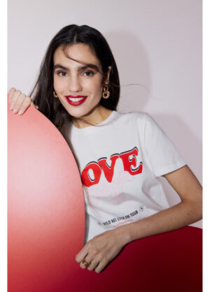 White Cotton T-Shirt with Red Slogan 'LOVE & Pink Leopard