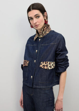 Denim Indigo Cropped Jacket with Leopard Collar & Patch Pockets
