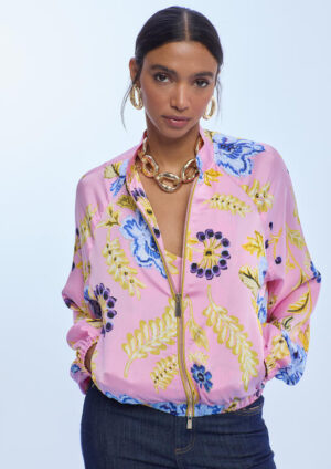 Pink Satin Printed Bomber Jacket