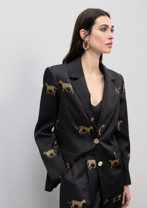Black Satin Tailored Blazer with Leopard Print