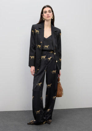 Black Satin Pleated Trousers with Leopard Print