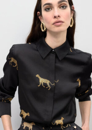 Black Satin Shirt with Leopard Print