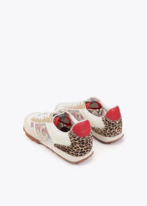 White Mesh & Fabric Trainer with Leopard & Red Heel
