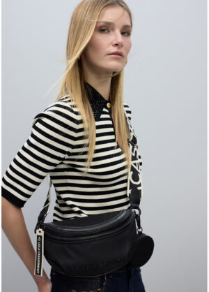 Black & Vanilla Striped Short-Sleeved Top with Black Embellished Collar