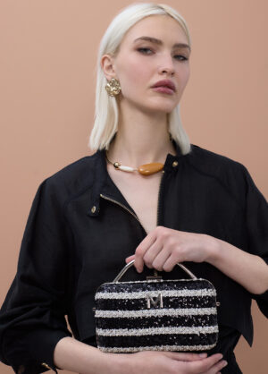 Monochrome Striped Sequin Clutch with Chain Strap