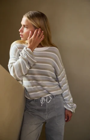 Grey Blue & Beige Striped Sweatshirt with Drawstring Hem