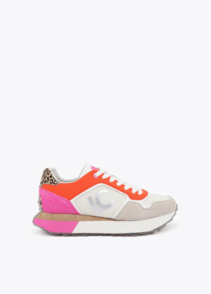 White, Coral & Fuchsia Fabric & Leather Platform Trainer