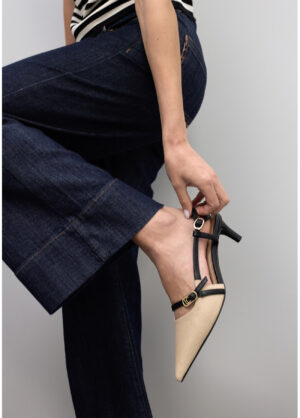 Ecru & Black Pointy Slingback Kittenheel