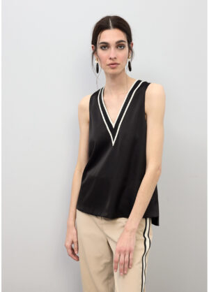 Black V-Neck Sleeveless Top with Ivory Trim