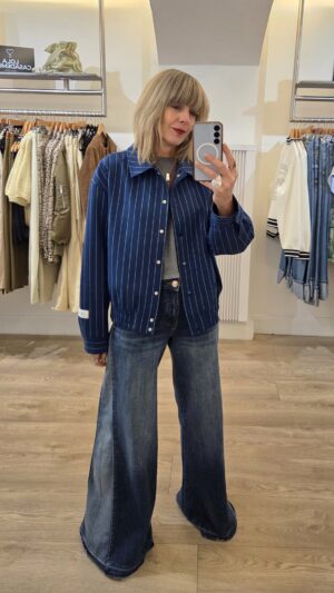 Navy Pinstripe Bomber Jacket with Slogan on the Back 'ALIX the Label Club'