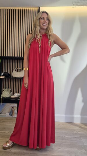 Red Maxi Halter Dress with Gold Metallic Baubles