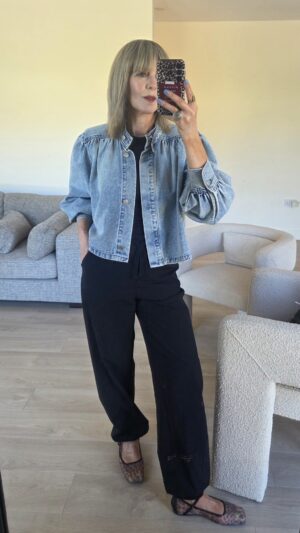 Denim Vintage Wash Shirt with Grandad Collar and Shoulderpad