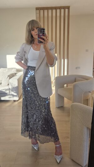 Charcoal Semi-Sheer Midi Shirt with Large Sequin Embellishment