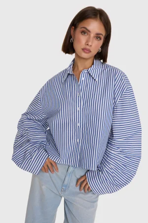 Blue & White Striped Cropped Shirt with Wide Ruched Sleeve
