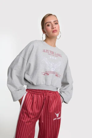 Grey Melange Cropped Eagle Sweatshirt with Slogan on Front & Back