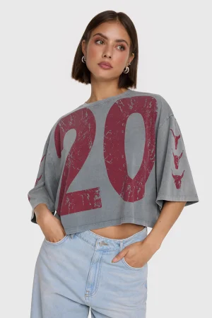 Grey Cropped T-Shirt with Slogan '20' on Front & '14' on Back