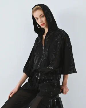 Black Sheer Bomber Jacket with Sequin Embellishment & Hood