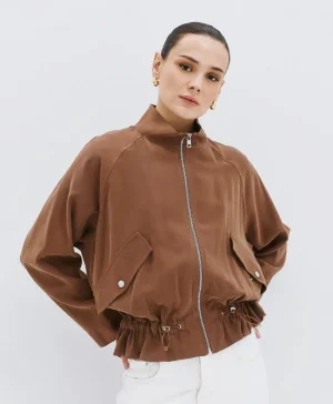 Choco Bomber Jacket with High Collar & Drawstring Waist