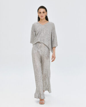 Silver Sequin Wide-Leg Trousers