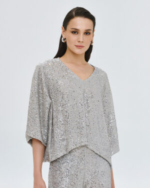 Silver Sequin Top with Batwing Sleeve