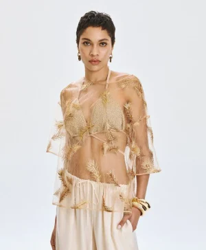 Sheer Top with Gold & Bronze Sequin Feather Applique