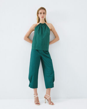 Green Poplin Cotton Cropped Trousers with Adjustable Buttons at the Hem