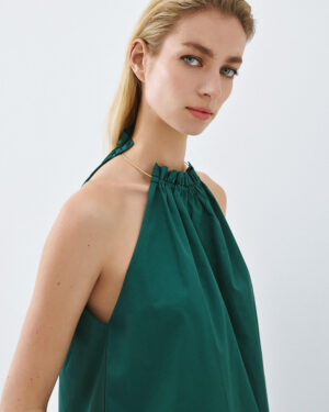 Green Poplin Cotton Halter Top with Metallic Neck Tie
