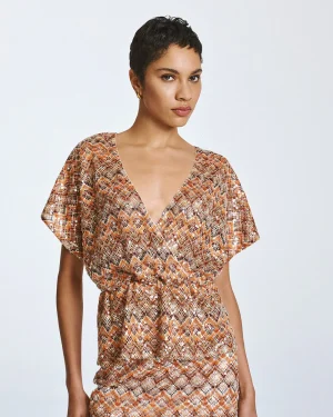 Orange/Rust Sequin Wrap-Effect Top with Fabric Belt